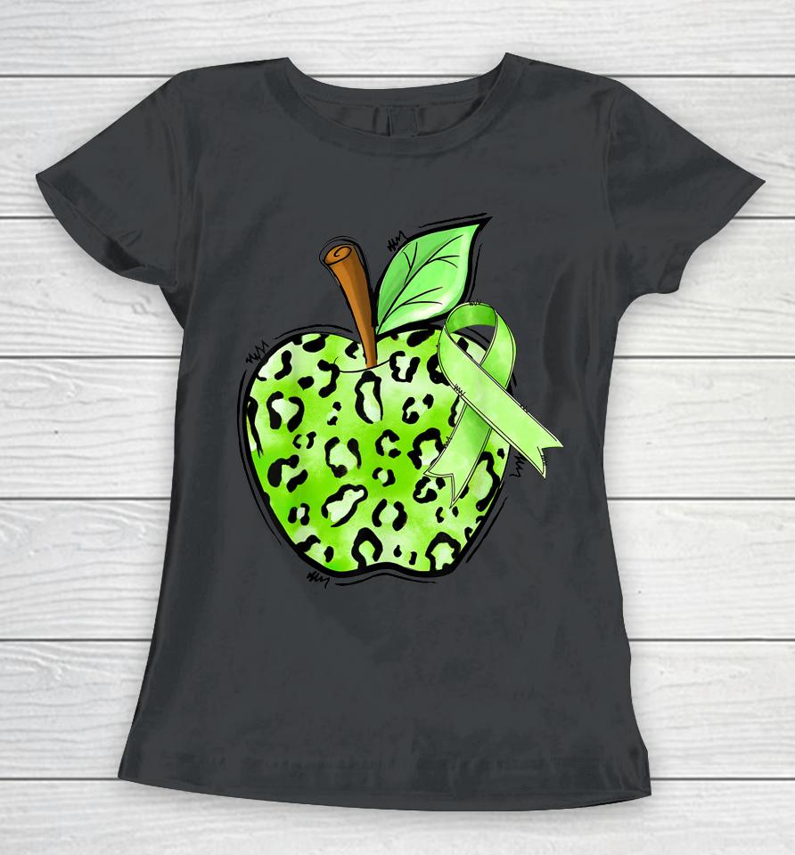 Leopard Apple Cerebral Palsy Awareness Green Ribbon Teacher Women T-Shirt