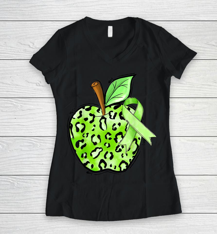 Leopard Apple Cerebral Palsy Awareness Green Ribbon Teacher Women V-Neck T-Shirt