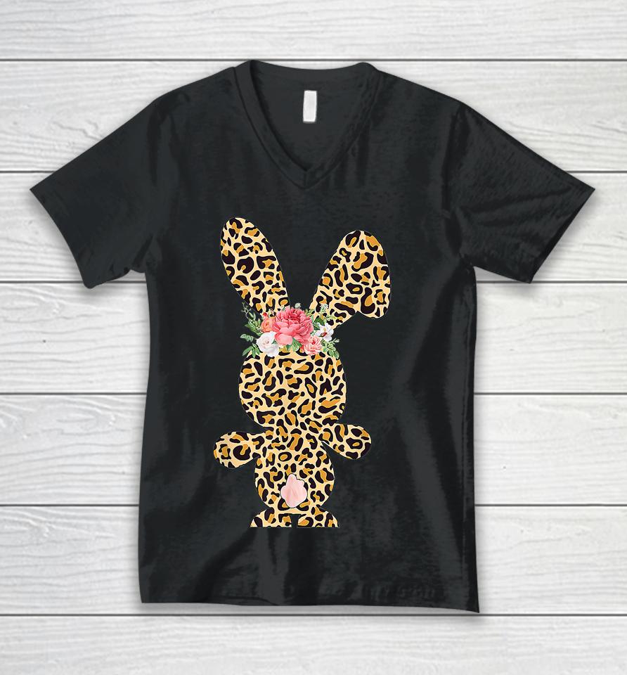 Leopard Bunny Rabbit Happy Easter Day Unisex V-Neck T-Shirt