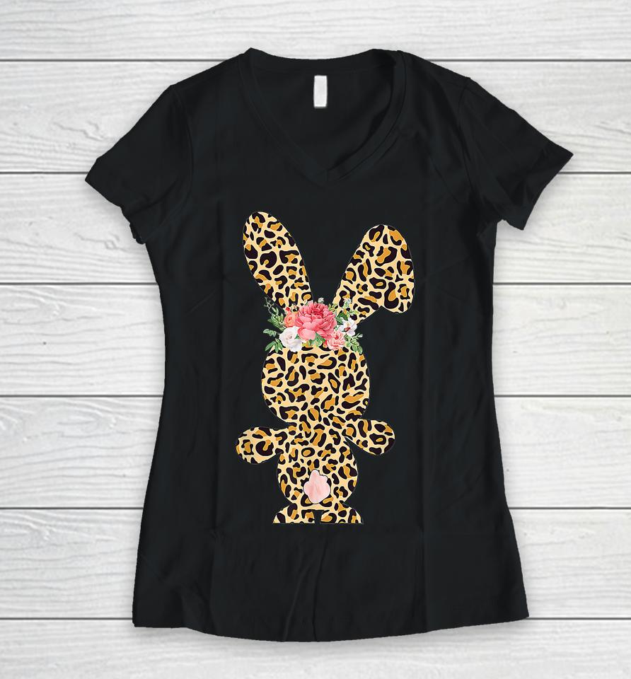 Leopard Bunny Rabbit Happy Easter Day Women V-Neck T-Shirt