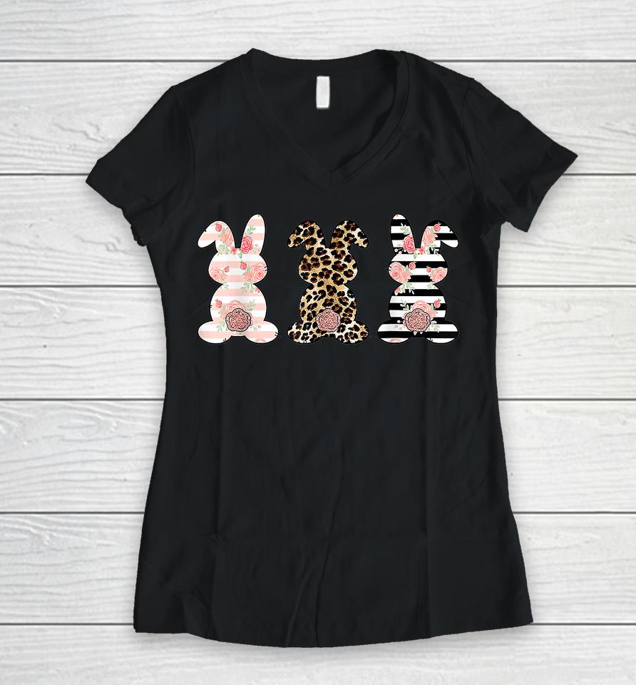 Leopard Easter Bunny Rabbit Trio Cute Easter Day Women V-Neck T-Shirt