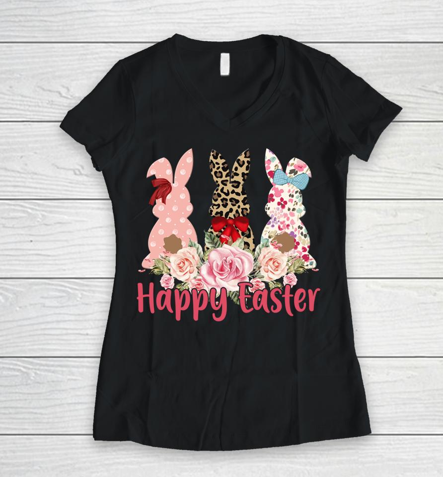 Leopard Easter Bunny Rabbit Trio Cute Easter Women V-Neck T-Shirt