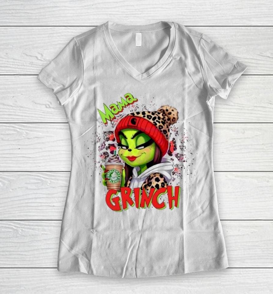 Leopard Mama Grinch Merry Christmas Women V-Neck T-Shirt