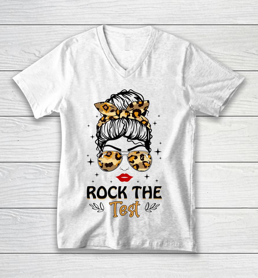 Leopard Messy Bun Rock The Test Day Testing Day Teacher Unisex V-Neck T-Shirt