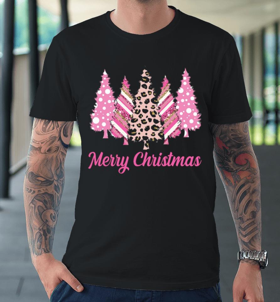 Leopard Print Christmas Merry Christmas Pink Christmas Trees Premium T-Shirt