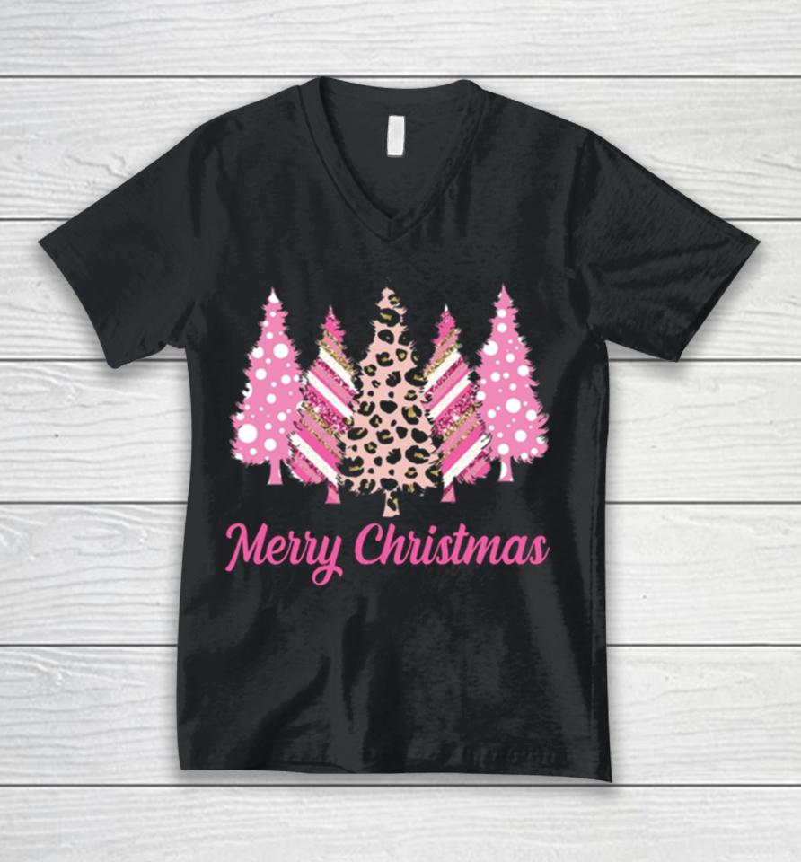 Leopard Print Christmas Merry Christmas Pink Christmas Trees Unisex V-Neck T-Shirt