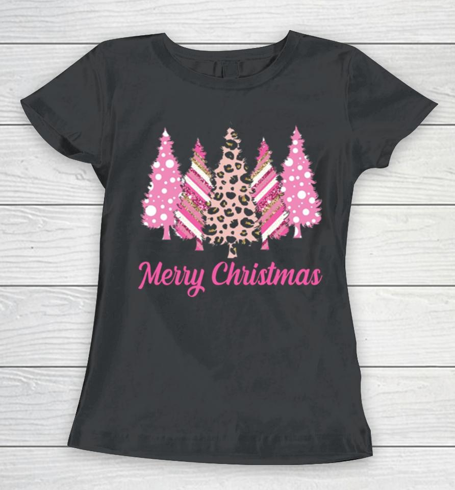 Leopard Print Christmas Merry Christmas Pink Christmas Trees Women T-Shirt