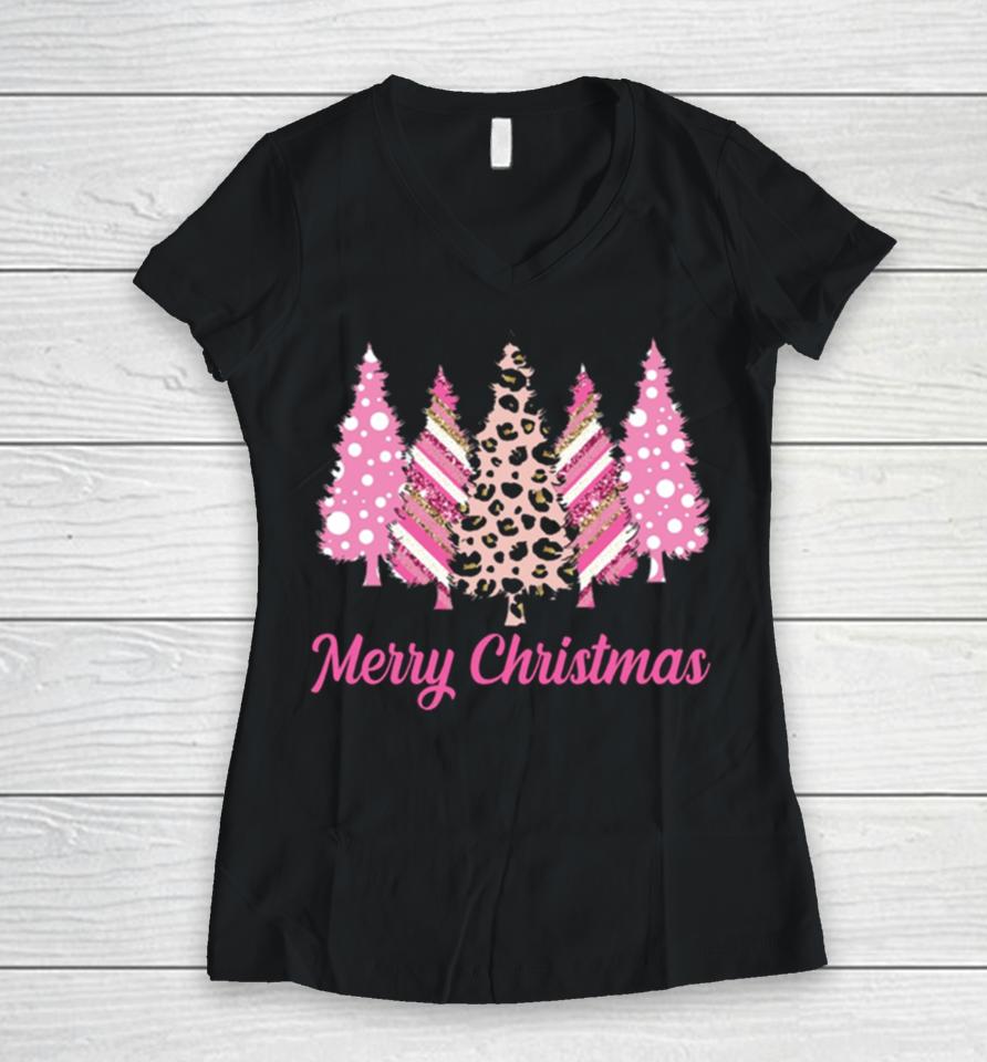 Leopard Print Christmas Merry Christmas Pink Christmas Trees Women V-Neck T-Shirt