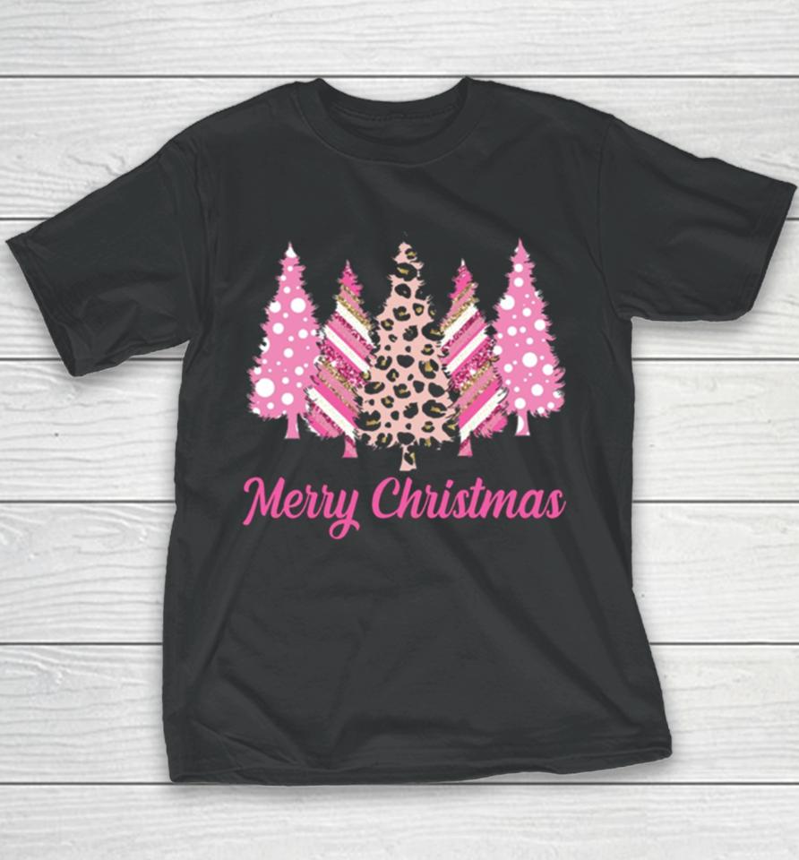Leopard Print Christmas Merry Christmas Pink Christmas Trees Youth T-Shirt