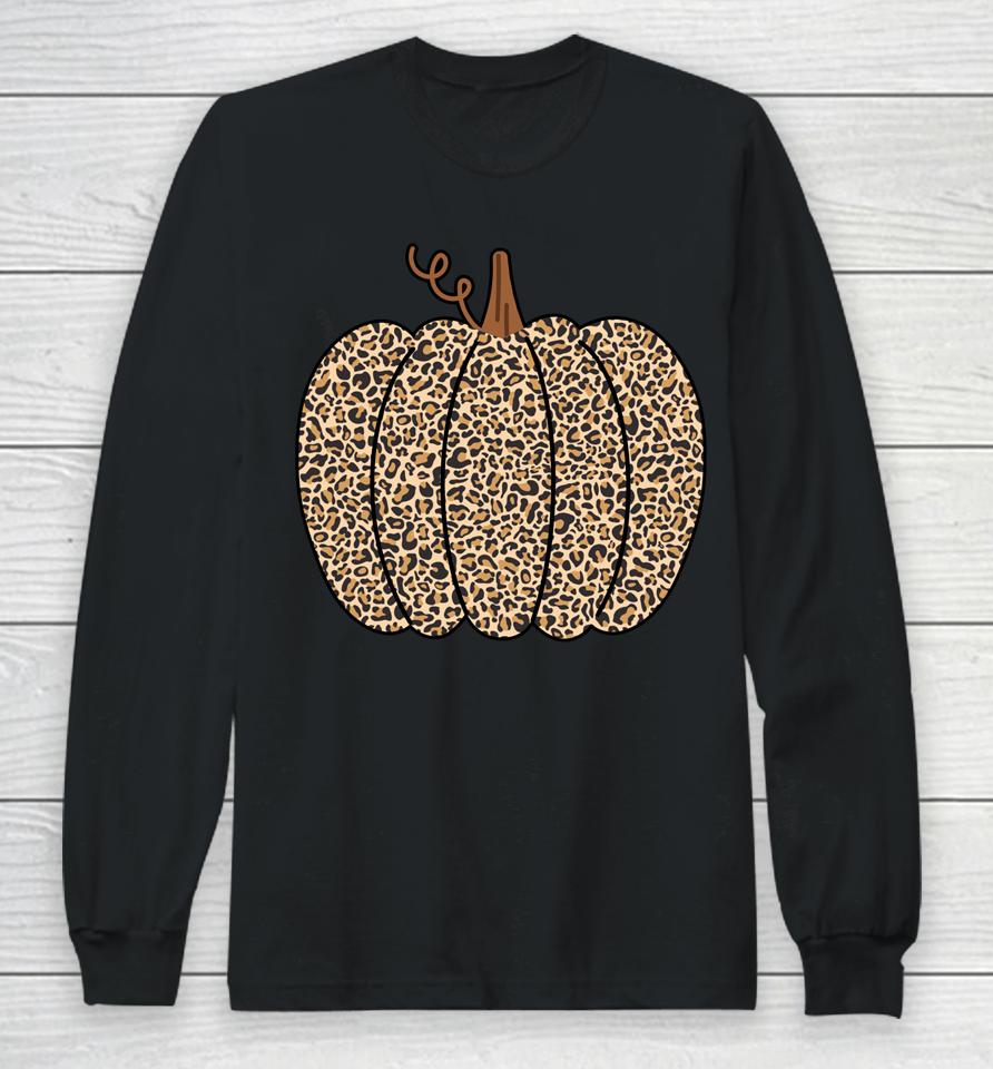 Leopard Pumpkin Print Halloween Thanksgiving Long Sleeve T-Shirt