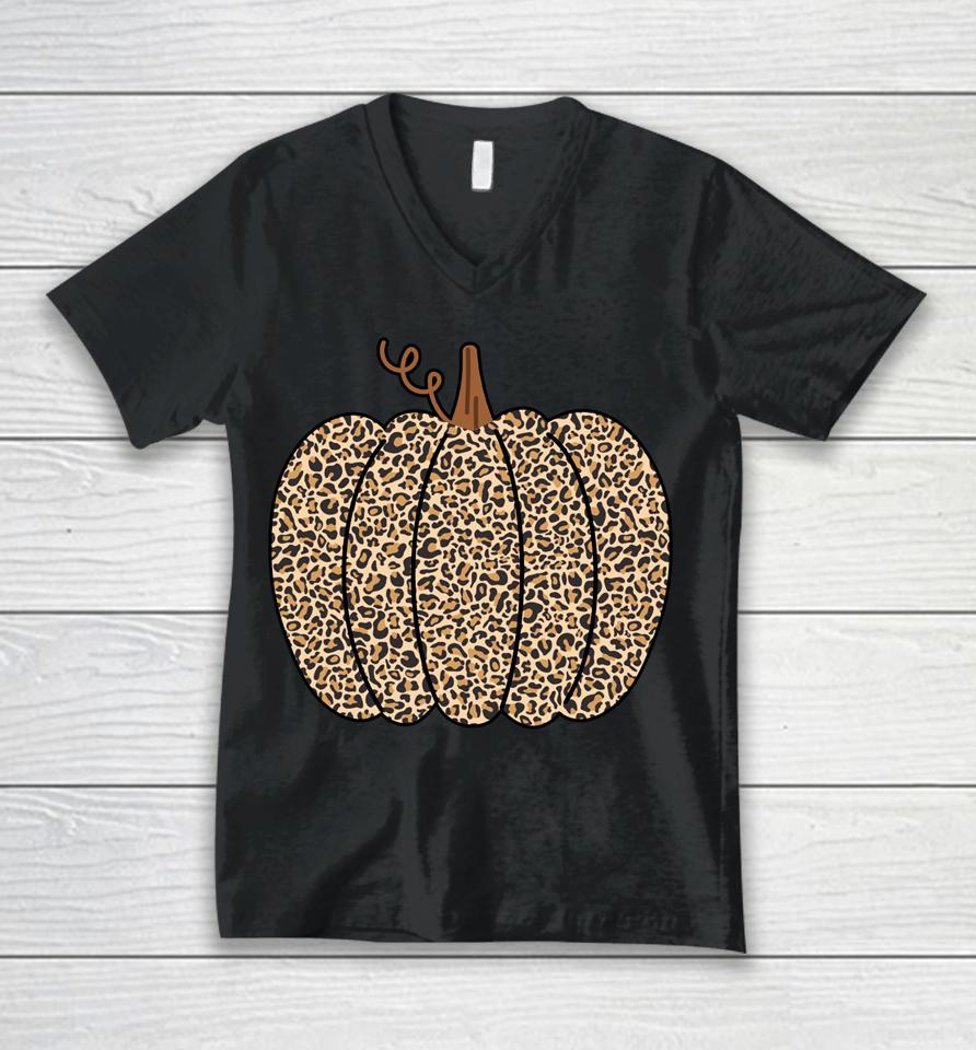 Leopard Pumpkin Print Halloween Thanksgiving Unisex V-Neck T-Shirt