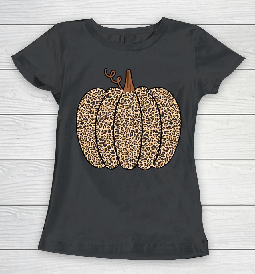 Leopard Pumpkin Print Halloween Thanksgiving Women T-Shirt