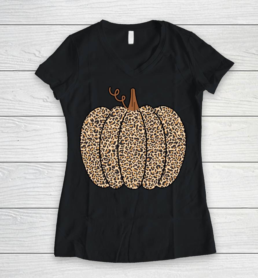 Leopard Pumpkin Print Halloween Thanksgiving Women V-Neck T-Shirt