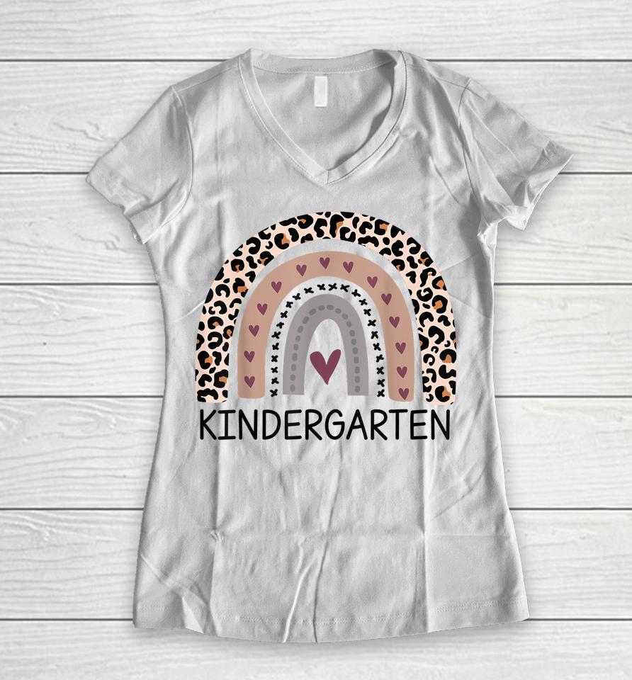 Leopard Rainbow Kindergarten Teacher First Day Of School Women V-Neck T-Shirt
