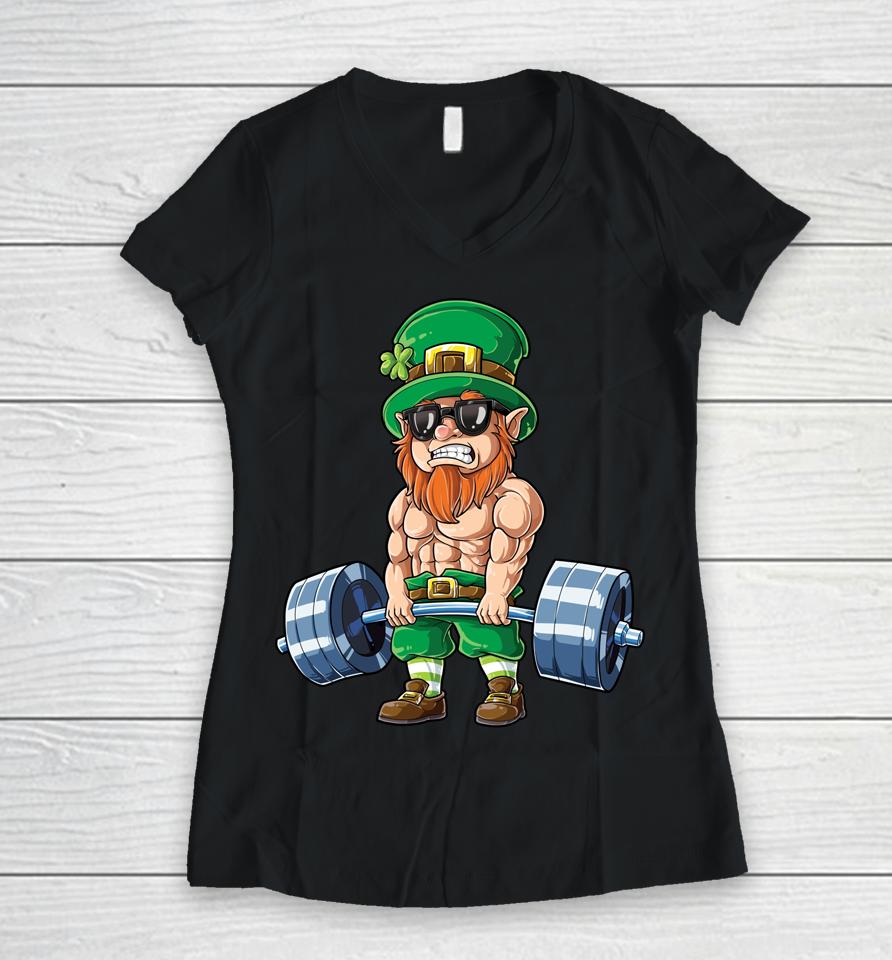 Leprechaun St Patrick's Day Weightlifting Deadlift Fitness Women V-Neck T-Shirt