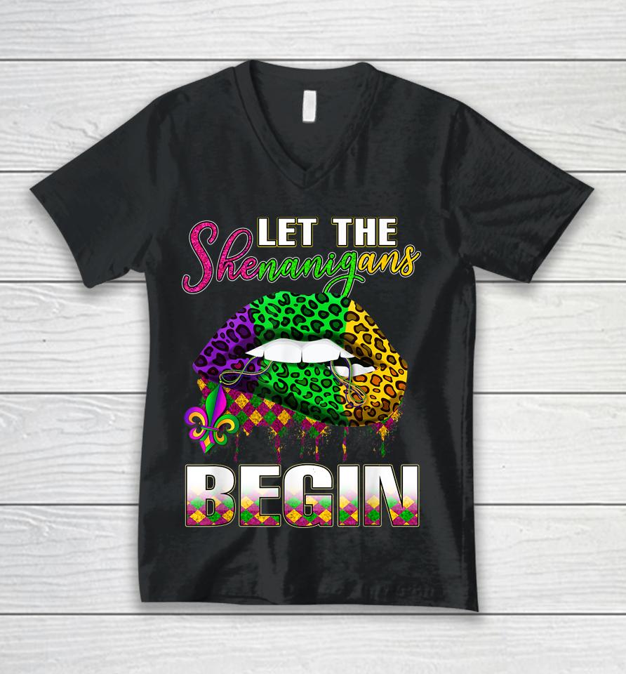 Let Shenanigans Begin Lips Mardi Gras Unisex V-Neck T-Shirt