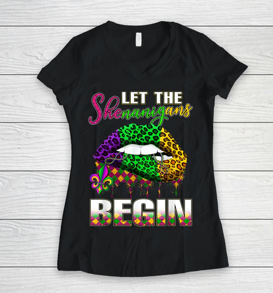 Let Shenanigans Begin Lips Mardi Gras Women V-Neck T-Shirt