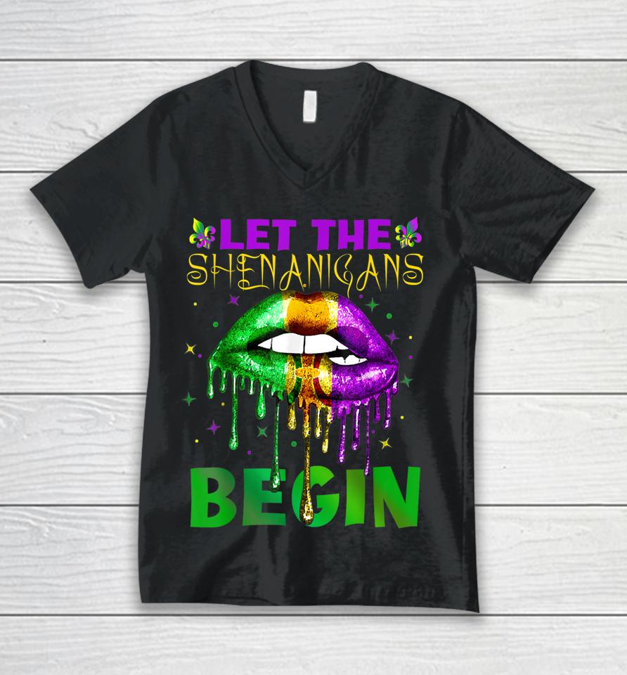Let The Shenanigans Begin Mardi Gras Sexy Lips Unisex V-Neck T-Shirt