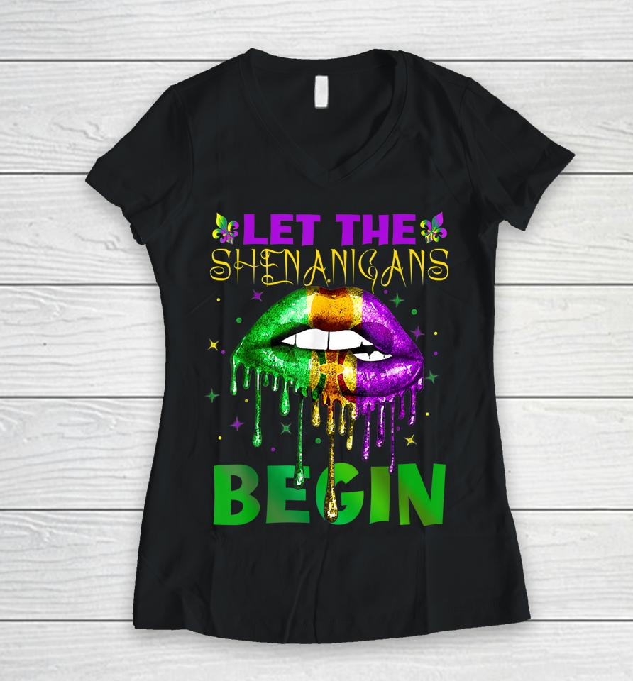 Let The Shenanigans Begin Mardi Gras Sexy Lips Women V-Neck T-Shirt