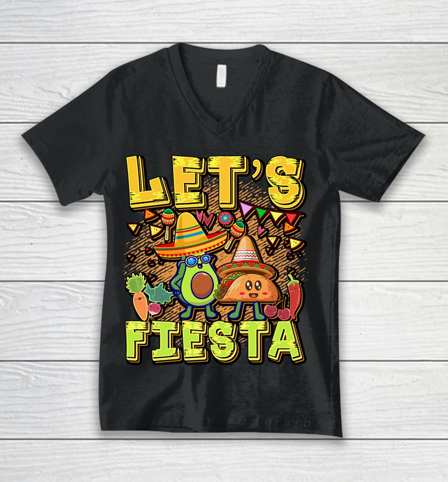 Let's Fiesta Cinco De Mayo Cartoon Taco And Avocado Unisex V-Neck T-Shirt