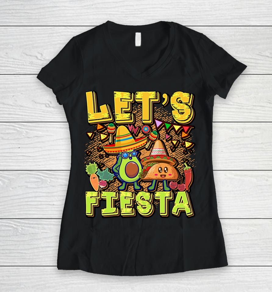 Let's Fiesta Cinco De Mayo Cartoon Taco And Avocado Women V-Neck T-Shirt