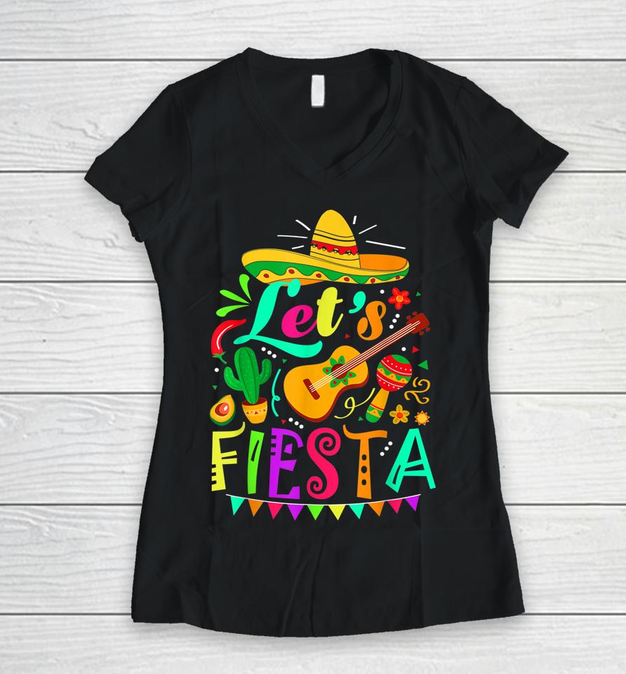 Let's Fiesta Cinco De Mayo Mexican Guitar Cactus Women V-Neck T-Shirt