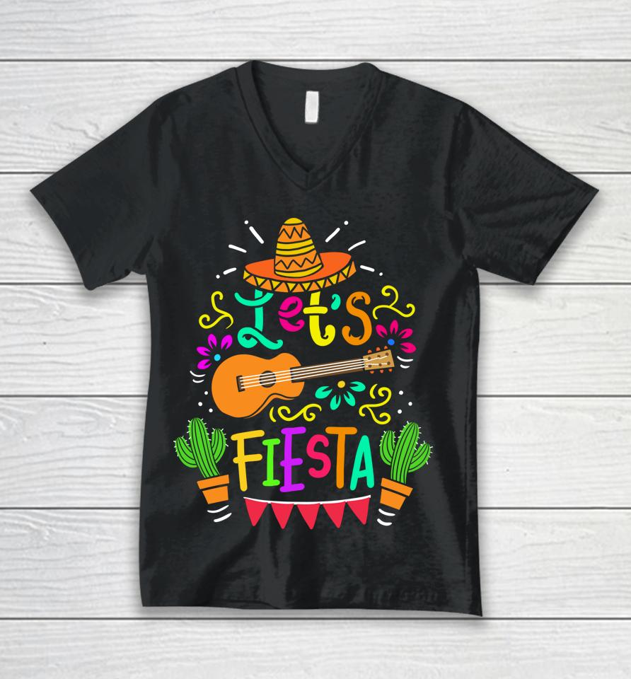 Let's Fiesta Cinco De Mayo Mexican Guitar Cactus Unisex V-Neck T-Shirt