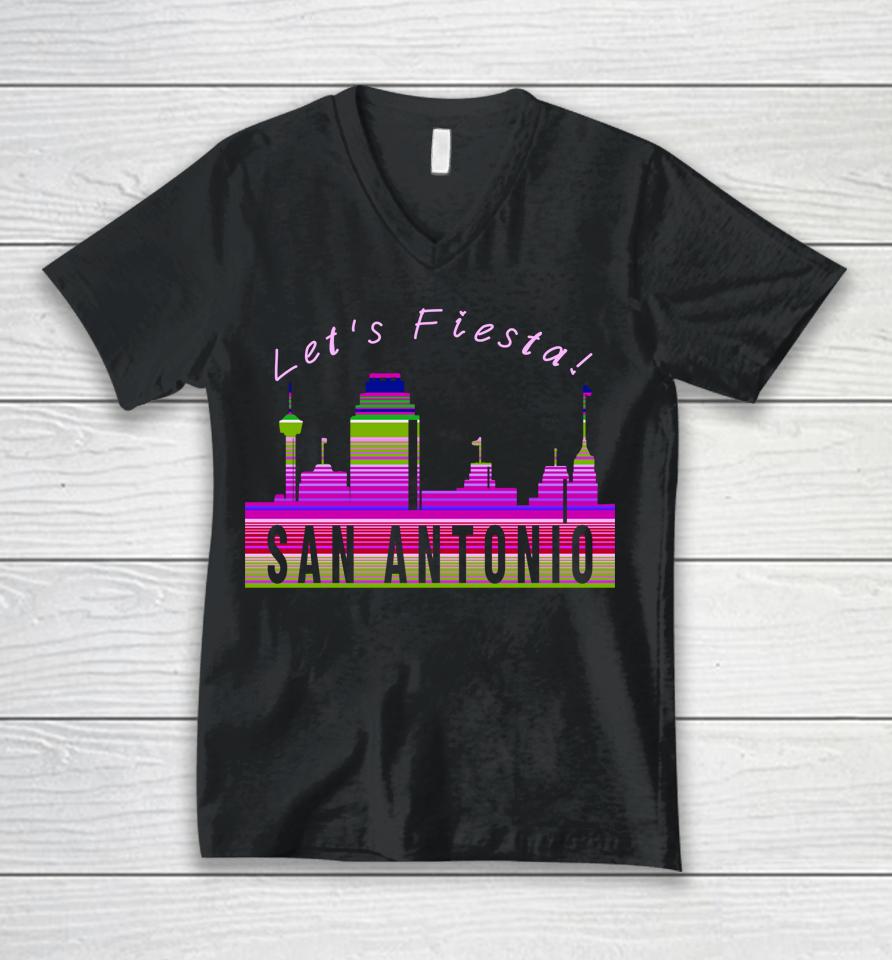 Let's Fiesta San Antonio Texas Skyline Serape Blanket Art Unisex V-Neck T-Shirt