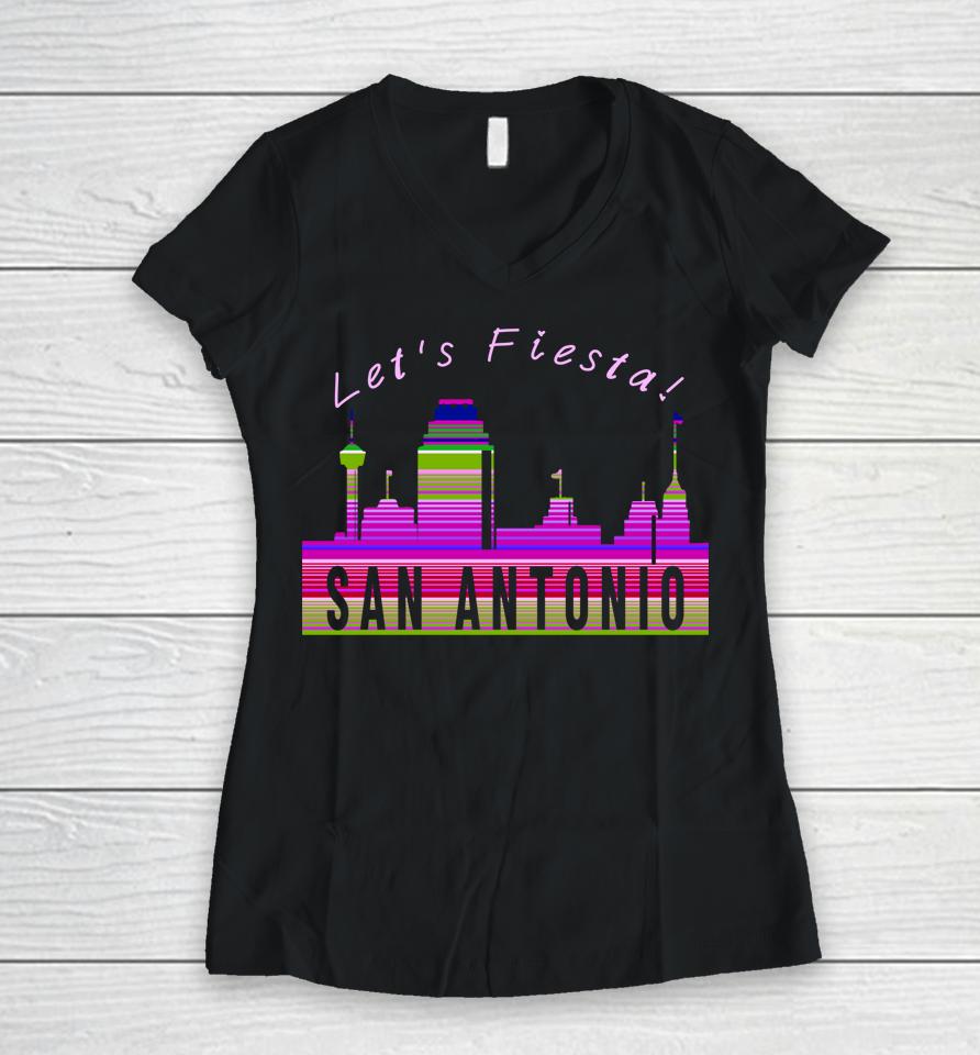 Let's Fiesta San Antonio Texas Skyline Serape Blanket Art Women V-Neck T-Shirt
