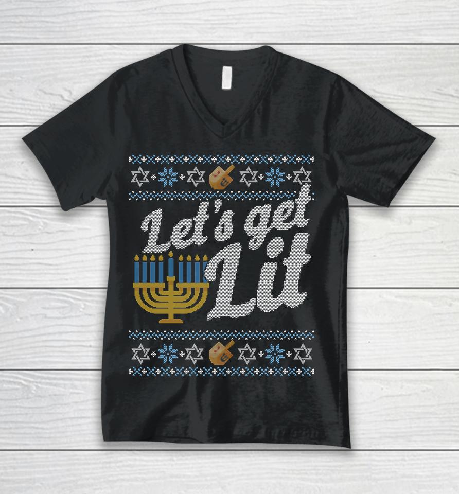 Lets Get Lit Hanukkah Ugly Unisex V-Neck T-Shirt