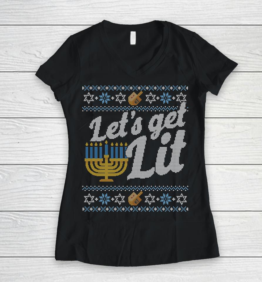 Lets Get Lit Hanukkah Ugly Women V-Neck T-Shirt