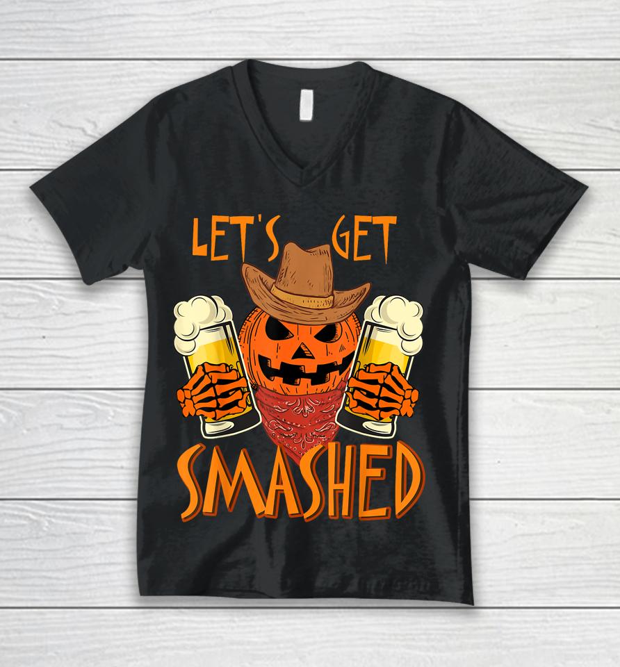 Let's Get Smashed Pumpkin Drink, Halloween Beer Oktoberfest Unisex V-Neck T-Shirt