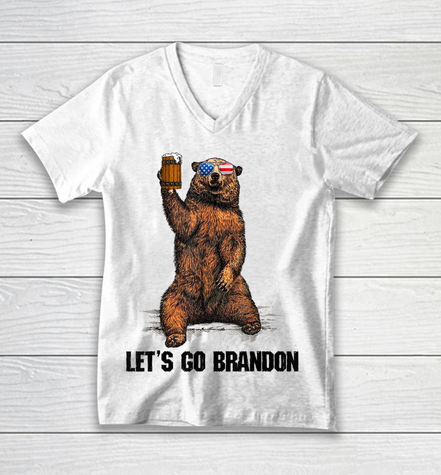 Let's Go Brandon Bear Drinking Beer Usa Flag Vintage Unisex V-Neck T-Shirt