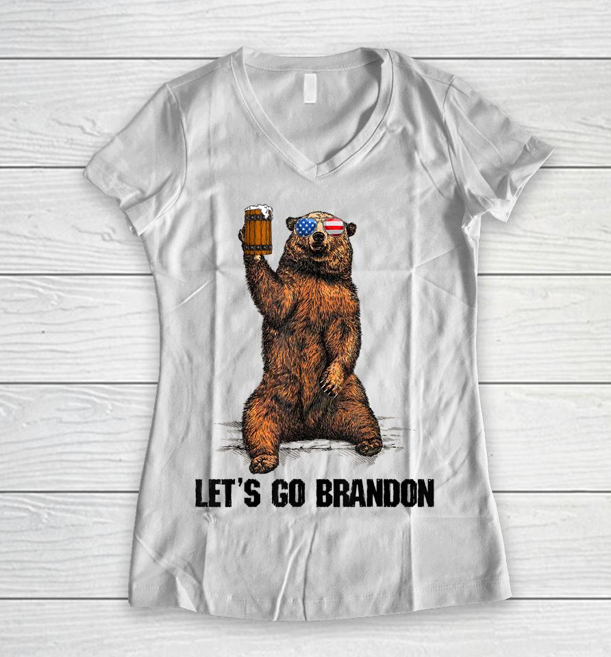 Let's Go Brandon Bear Drinking Beer Usa Flag Vintage Women V-Neck T-Shirt