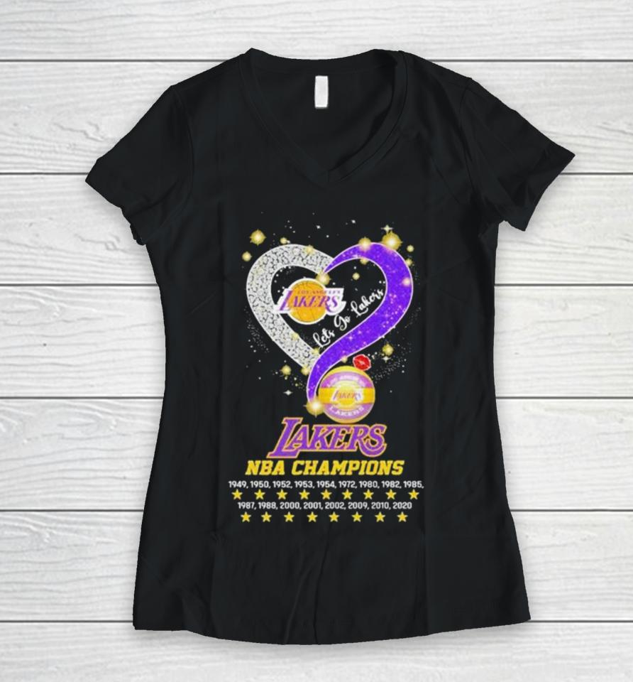 Let’s Go Los Angeles Lakers Nba Champions 1949 2020 Diamond Heart Women V-Neck T-Shirt