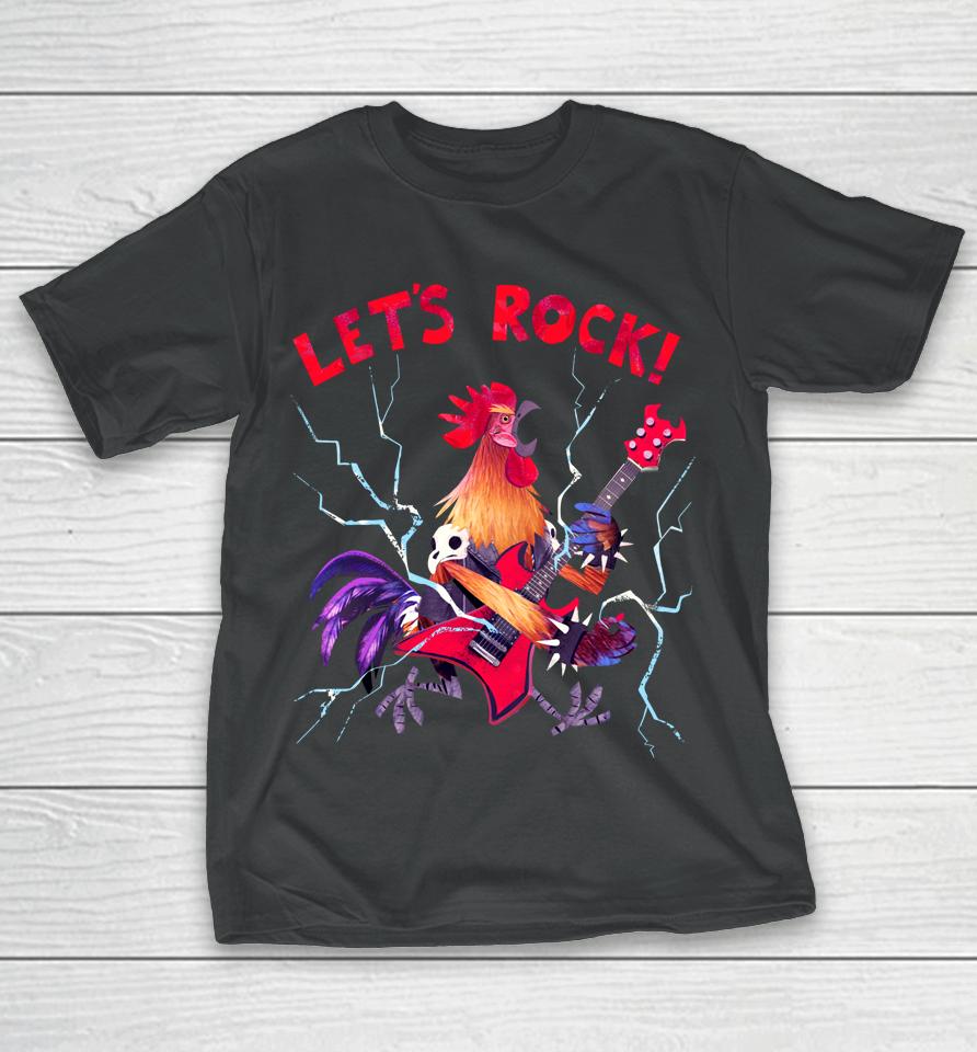 Let's Rock Rooster Playing Heavy Metal Guitar Music T-Shirt