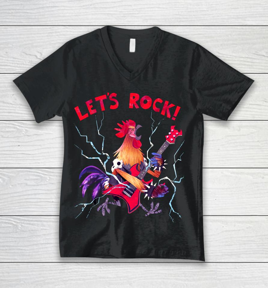 Let's Rock Rooster Playing Heavy Metal Guitar Music Unisex V-Neck T-Shirt