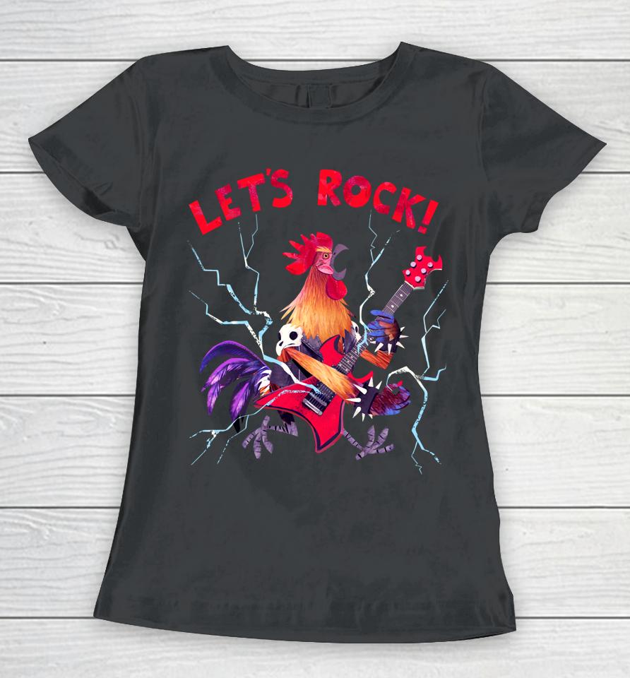 Let's Rock Rooster Playing Heavy Metal Guitar Music Women T-Shirt