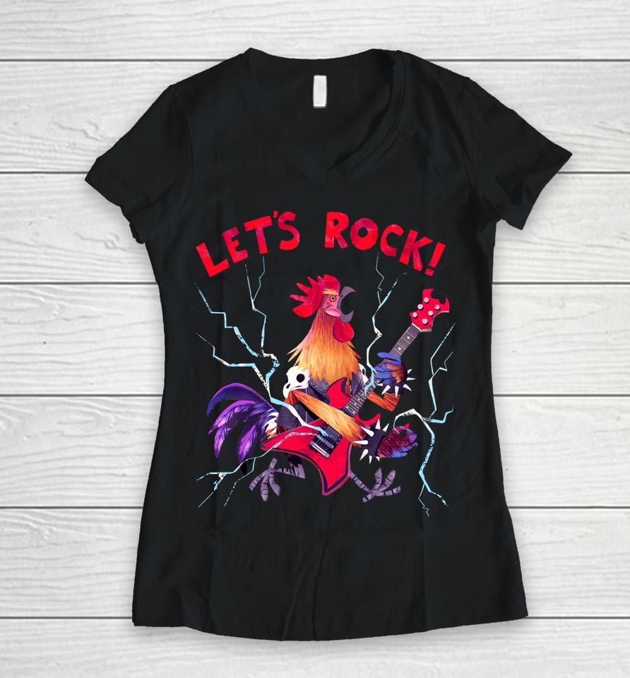 Let's Rock Rooster Playing Heavy Metal Guitar Music Women V-Neck T-Shirt
