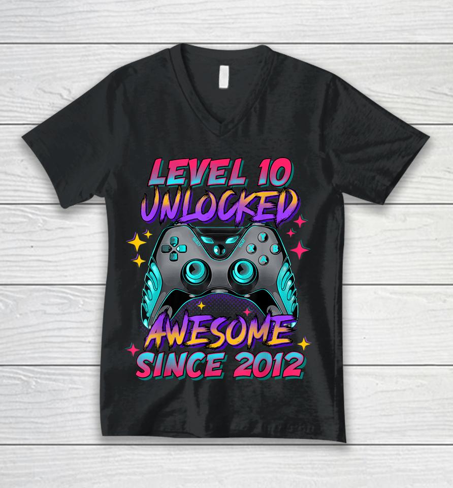 Level 10 Unlocked Awesome Since 2012 10Th Birthday Gamer Boy Unisex V-Neck T-Shirt