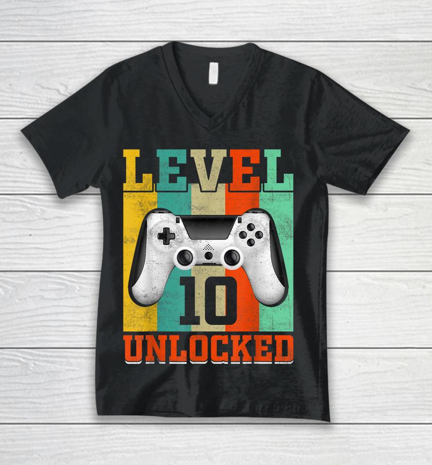 Level 10 Unlocked Birthday For Boys 10 Years Old Gamer Bday Unisex V-Neck T-Shirt