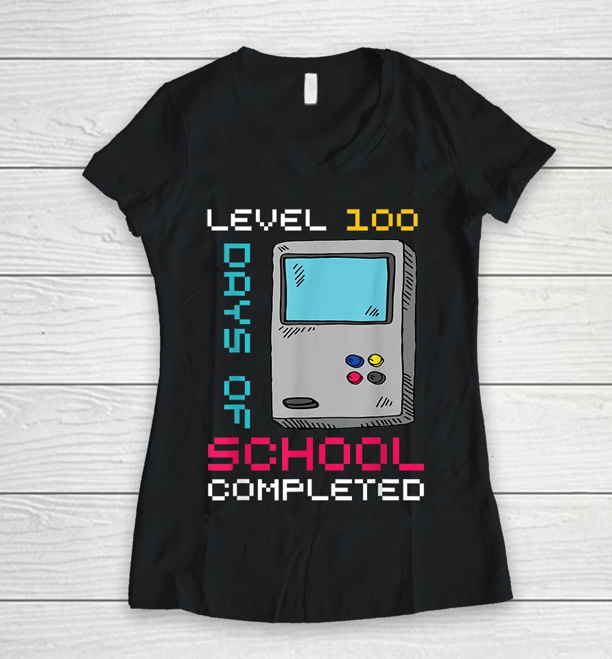 Level 100 Days Of School Completed Gamer 100Th Day Gifts Boy Women V-Neck T-Shirt