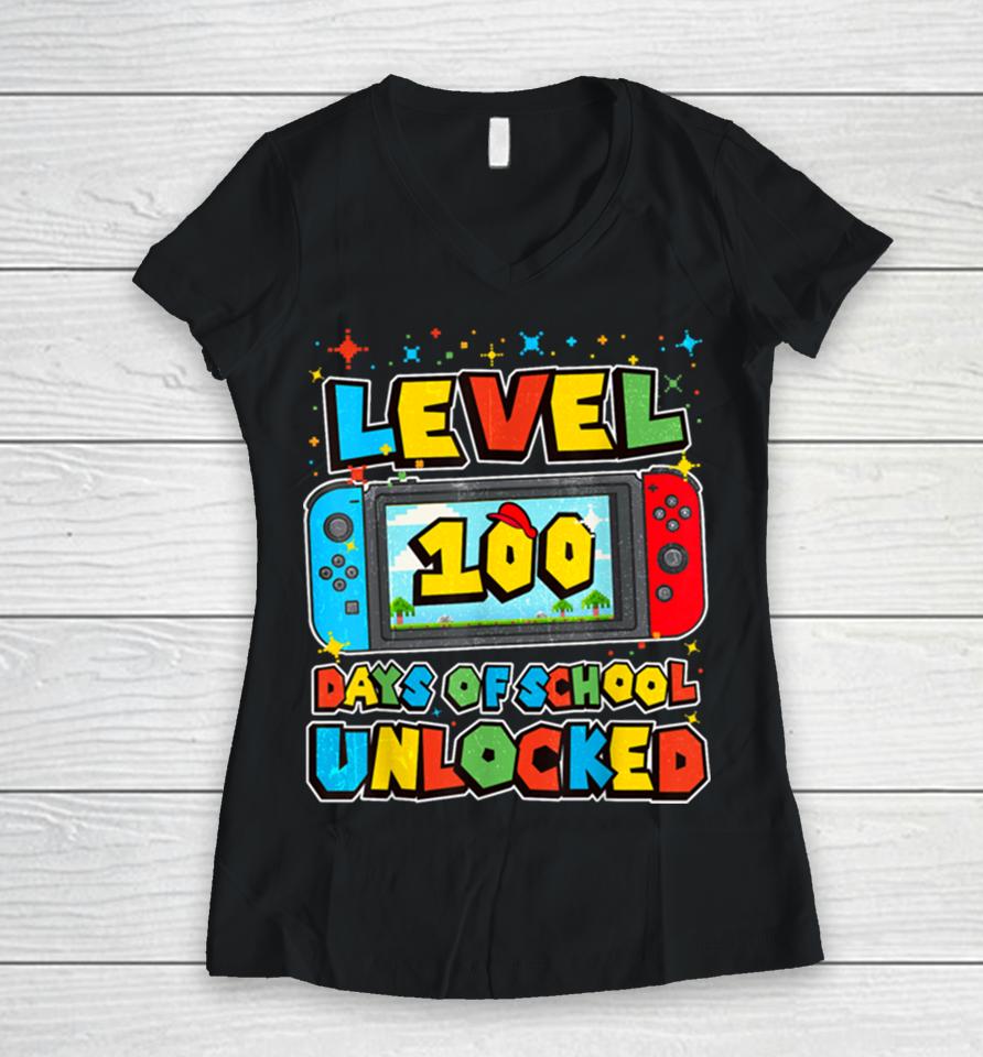 Level 100 Days Of School Unlocked Boys Gamer Video Games Women V-Neck T-Shirt
