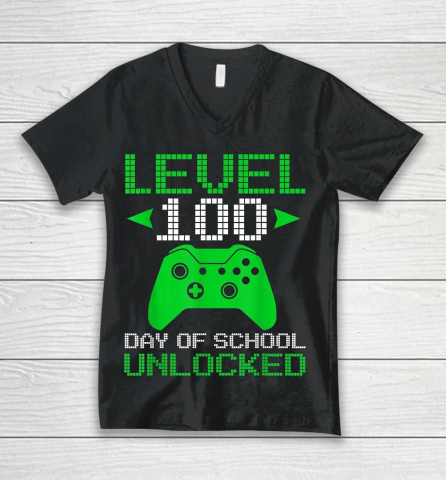 Level 100 Days Of School Unlocked Gamer Video Games Unisex V-Neck T-Shirt
