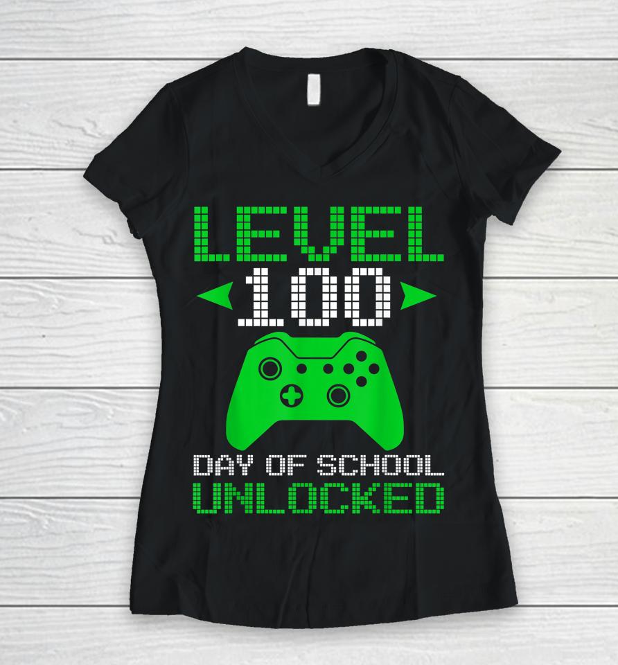 Level 100 Days Of School Unlocked Gamer Video Games Women V-Neck T-Shirt
