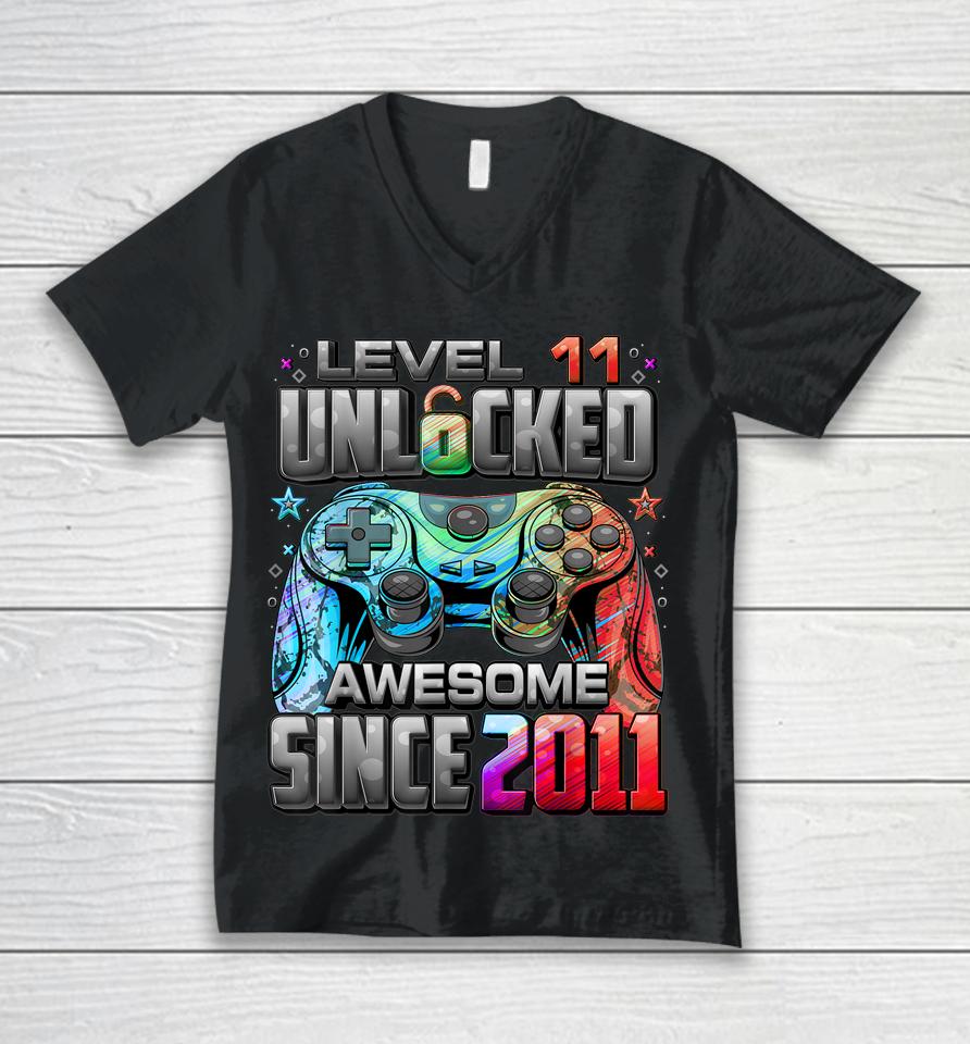 Level 11 Unlocked Awesome Since 2011 11Th Birthday Gaming Unisex V-Neck T-Shirt