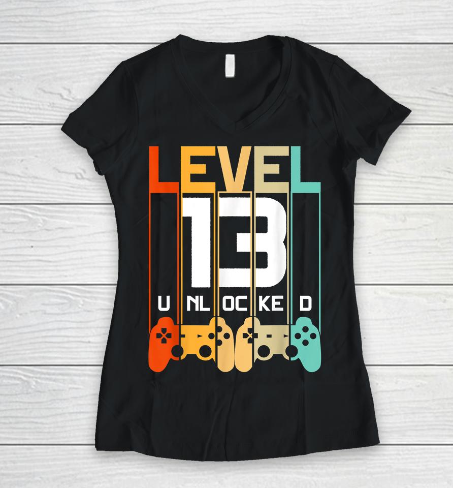 Level 13 Unlocked 13Th Birthday Matching Video Game Women V-Neck T-Shirt