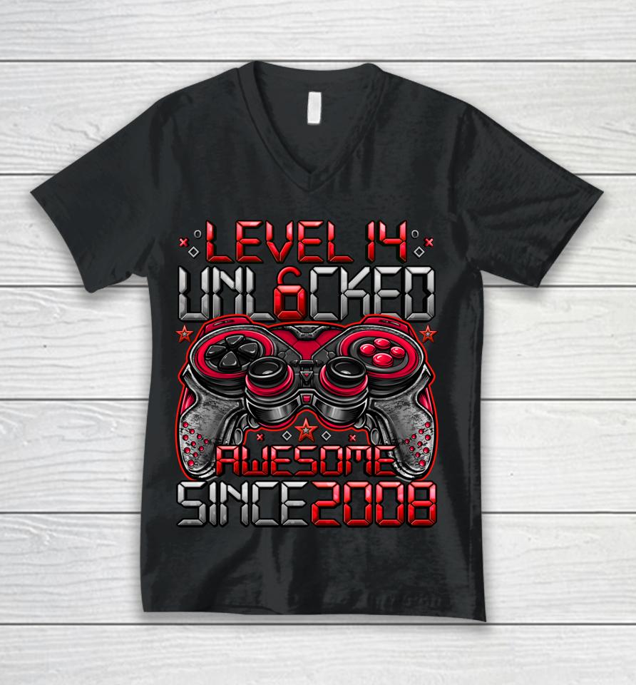 Level 14 Unlocked Awesome Since 2008 14Th Birthday Gifts Boy Unisex V-Neck T-Shirt