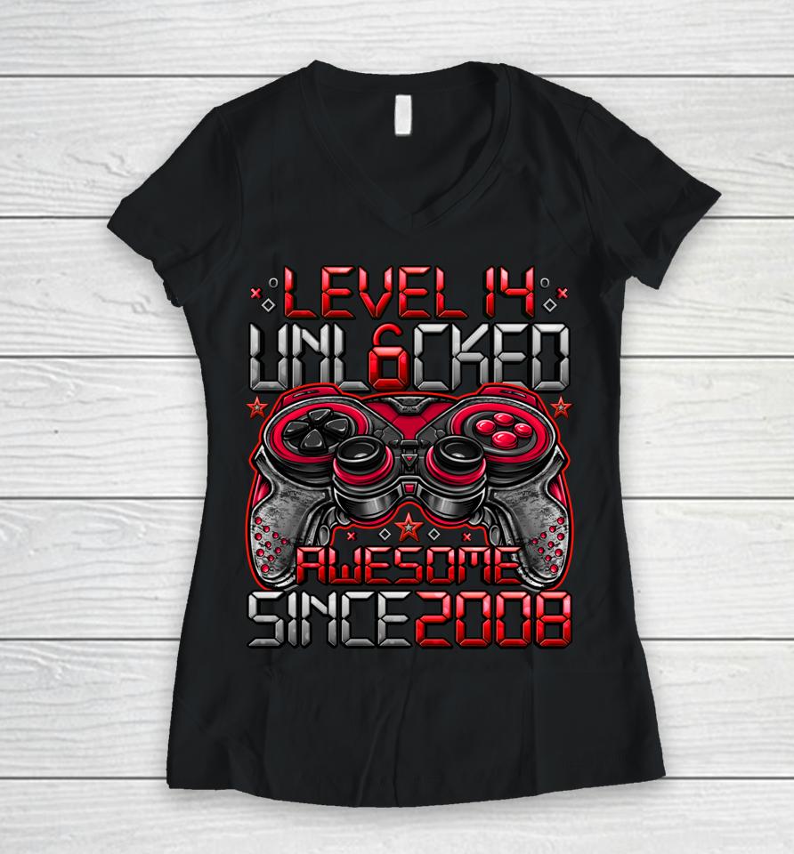 Level 14 Unlocked Awesome Since 2008 14Th Birthday Gifts Boy Women V-Neck T-Shirt