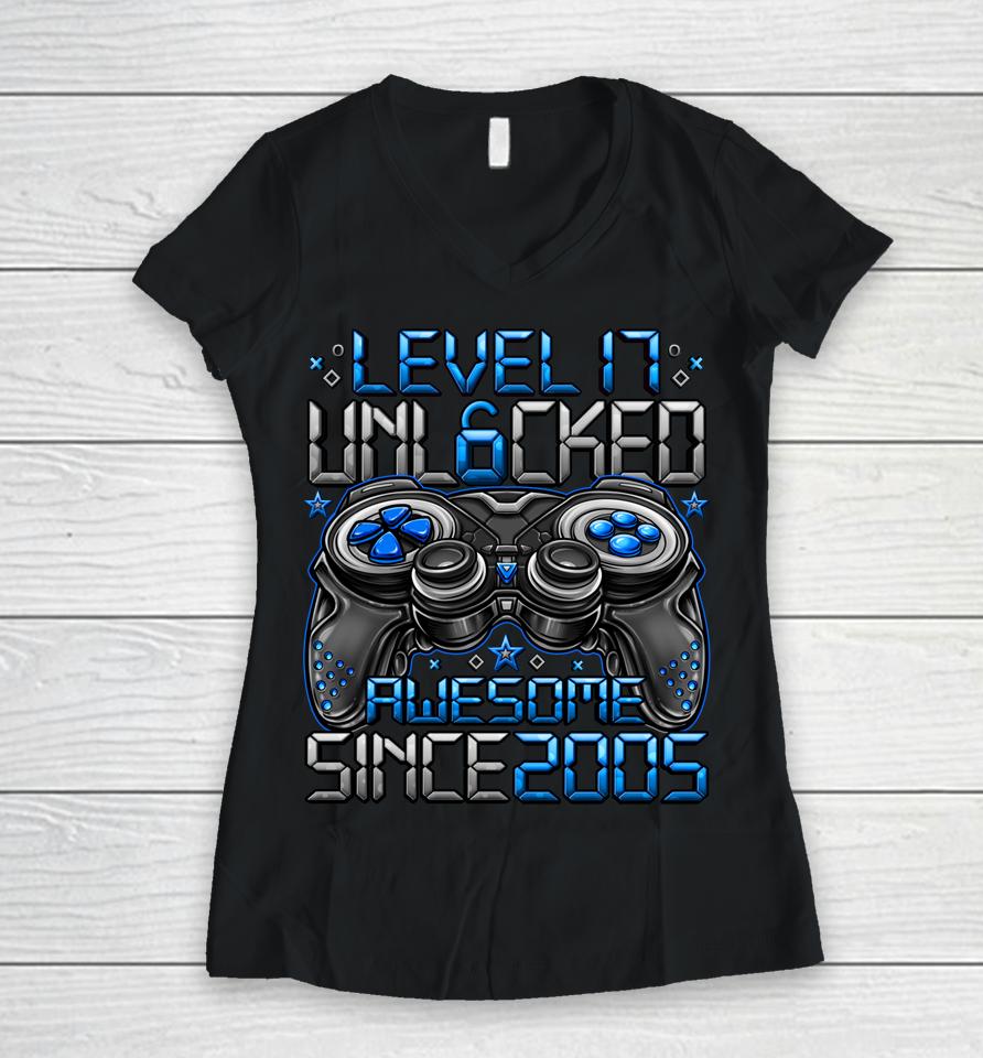 Level 17 Unlocked Awesome Since 2005 17Th Birthday Gifts Boy Women V-Neck T-Shirt